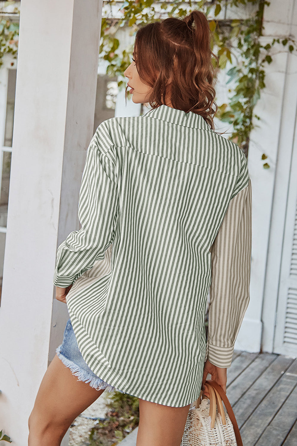 Vertical Stripes Button Down Shirt with Pocket