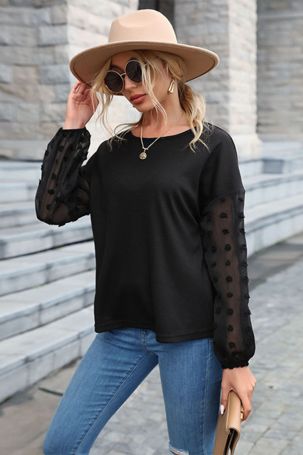 Swiss Dot Mesh Balloon Sleeve Blouse