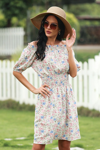 Full Size Range Floral Shirred Boat Neck Dress