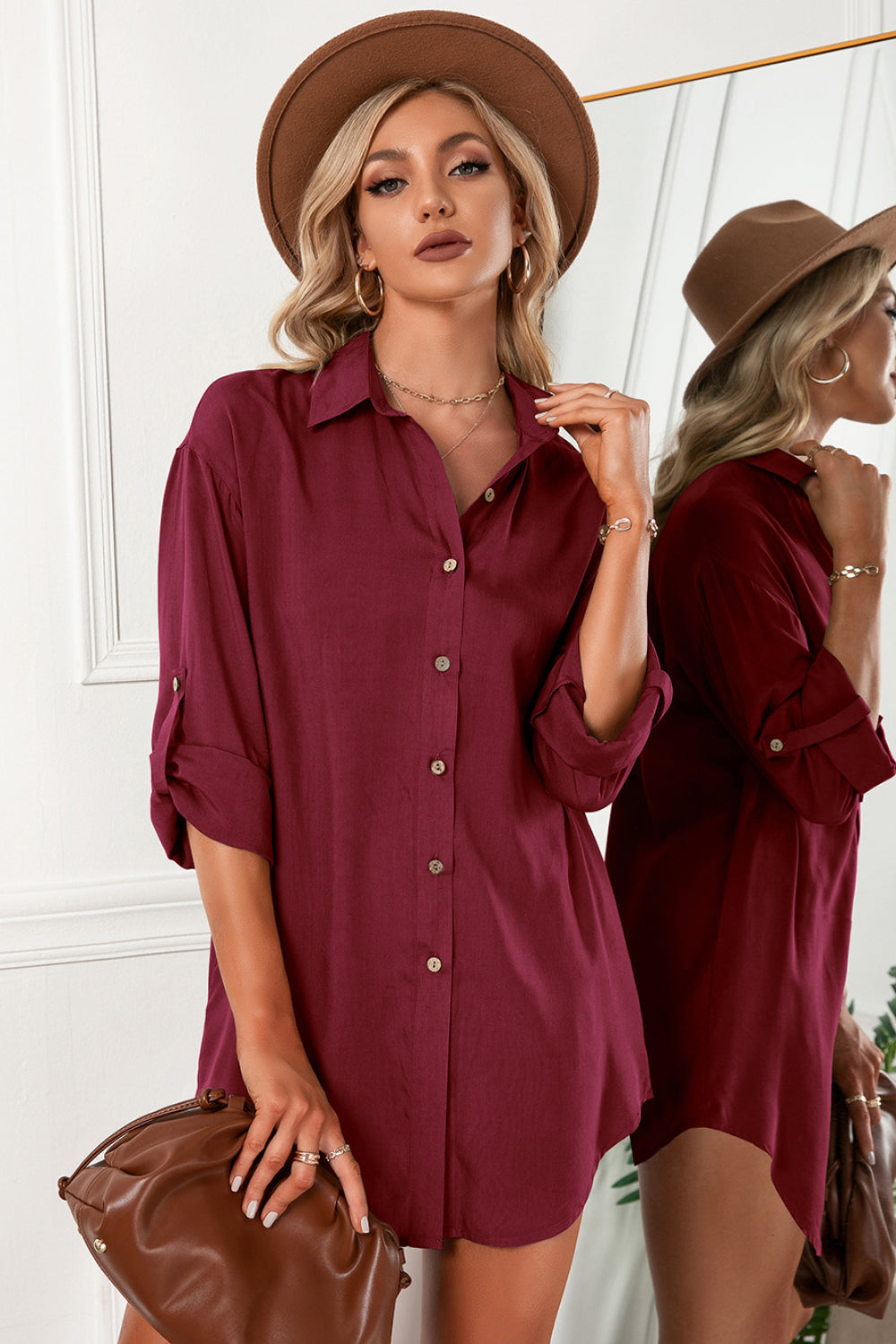 Solid Button Up Drop Shoulder Blouse