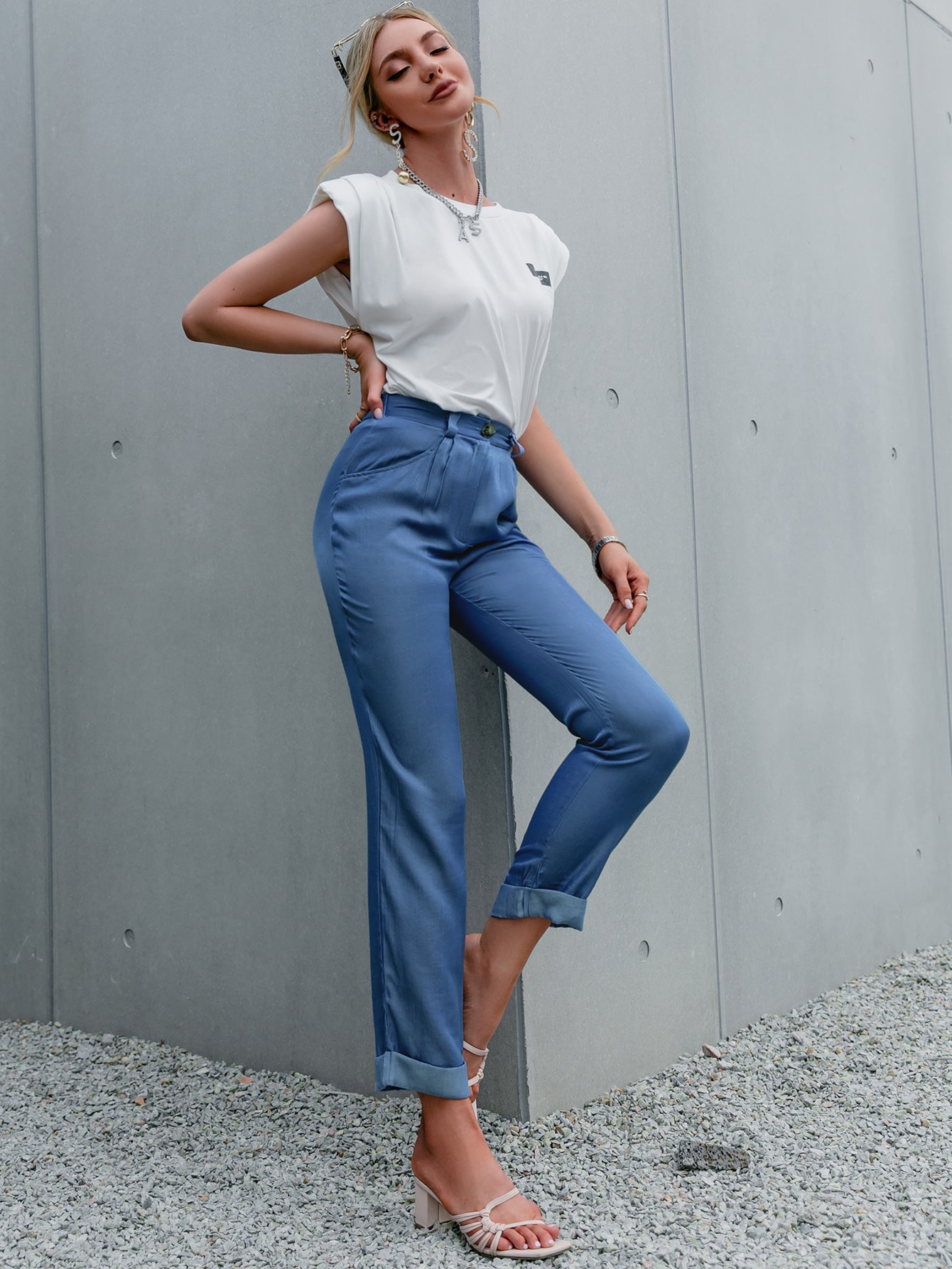 High Waist Straight Leg Cuffed Pants