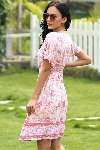 Full Size Range Floral Flutter Sleeve Knee-Length Dress