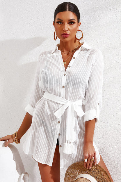 Pinstripe Tie Wiast Slit Shirt Dress