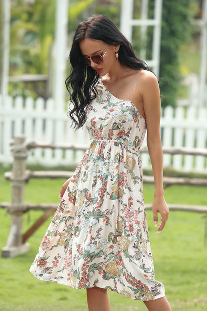 Floral  Print Asymmetrical-neck Tie-waist Dress