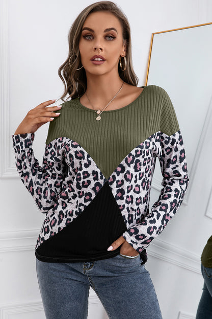 Leopard Patch Color Block Knit Top