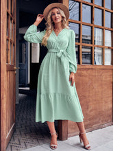 Load image into Gallery viewer, Swiss Dot Belted Surplice Puff Sleeve Midi Dress
