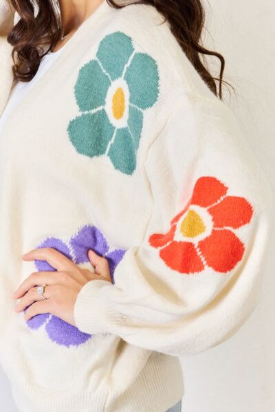 J.NNA Open Front Flower Pattern Long Sleeve Sweater Cardigan