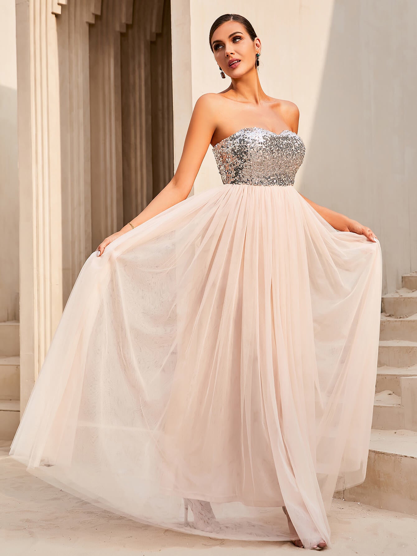 Sequin Strapless Spliced Tulle Dress