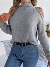 Load image into Gallery viewer, Cable-Knit Turtleneck Cold Shoulder Sweater
