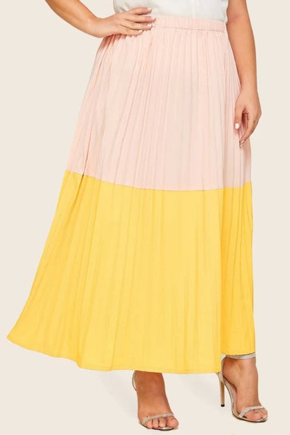 Plus Elastic Waist Pink & Yellow Pleated Skirt