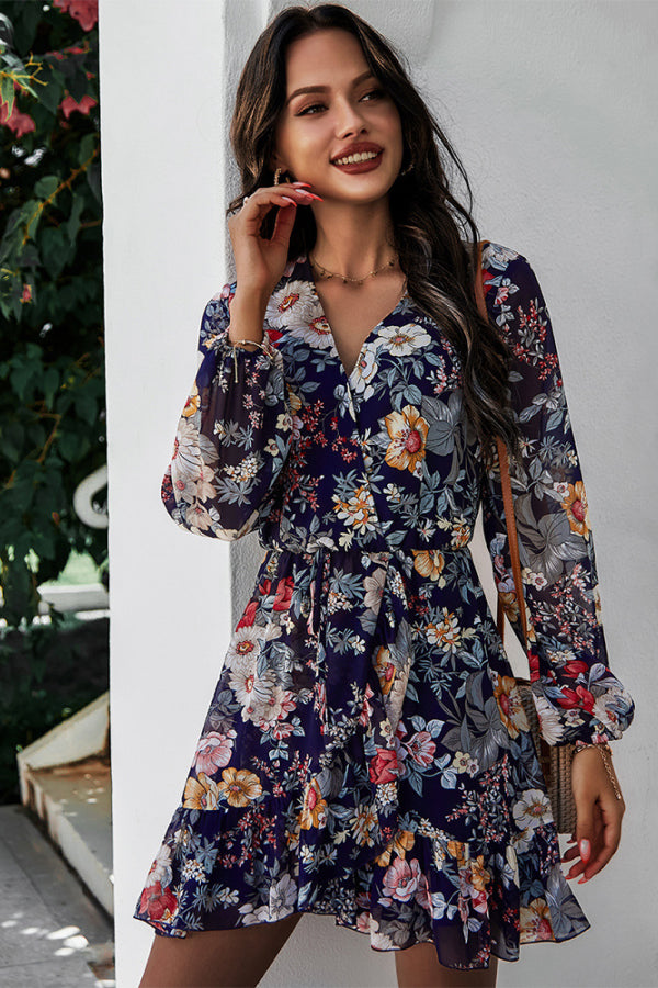 Floral Ruffled Hem Wrap Dress