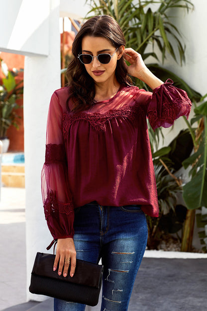 Contrast Sheer Mesh Lace Up Blouse