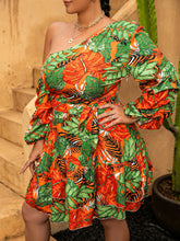 Load image into Gallery viewer, Plus Size Botanical Print One-Shoulder Layered Dress with Belt
