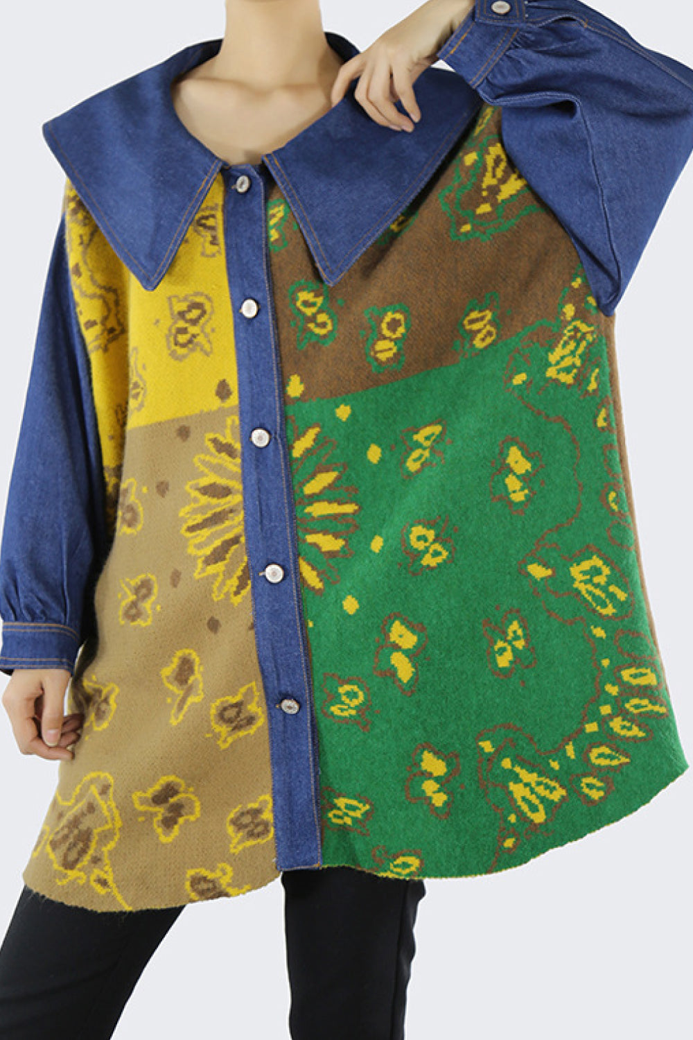 Printed Color Block Spliced Knit Denim Shirt Jacket