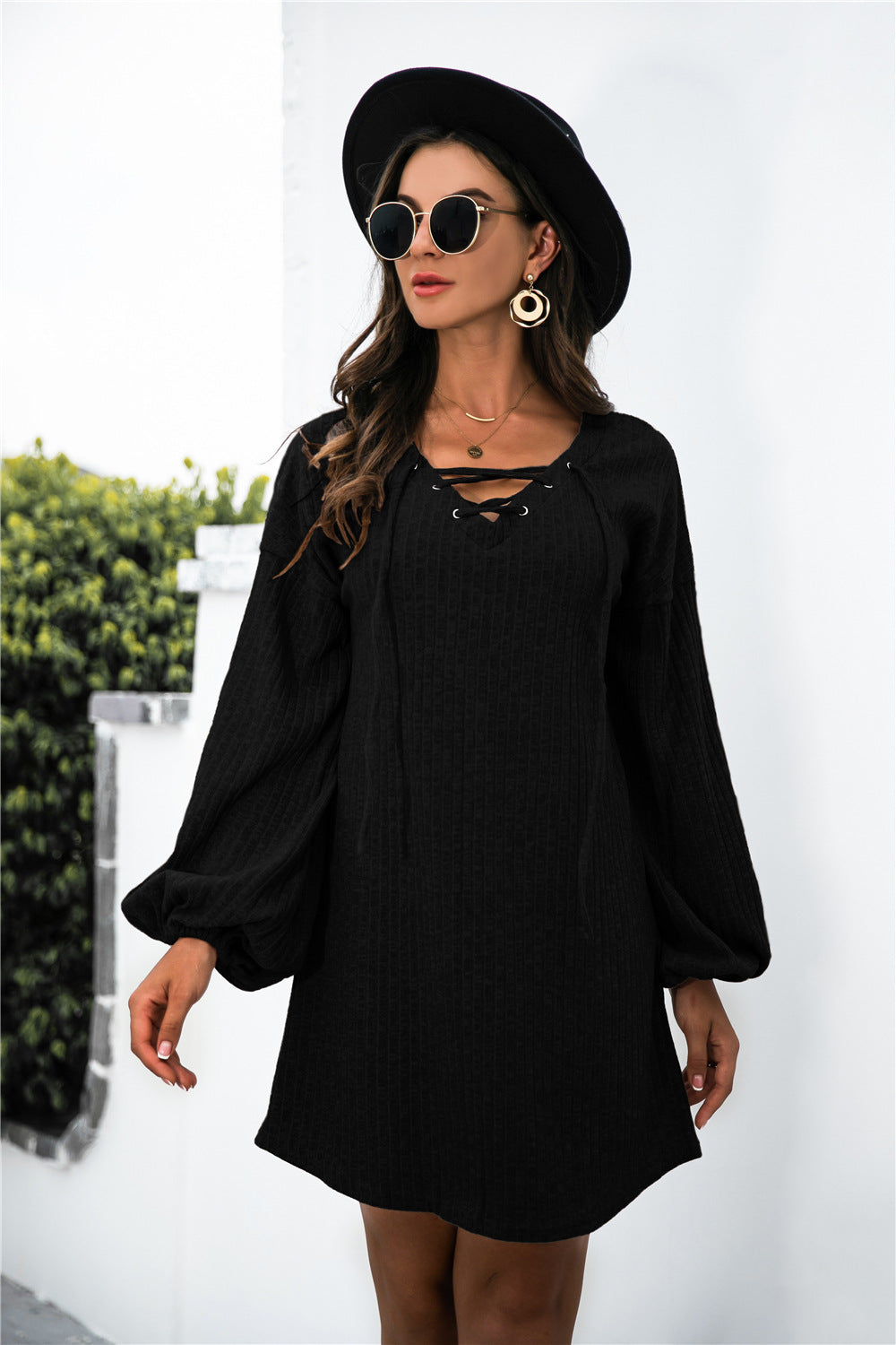 Balloon Sleeve Crisscross Detail Knit Dress