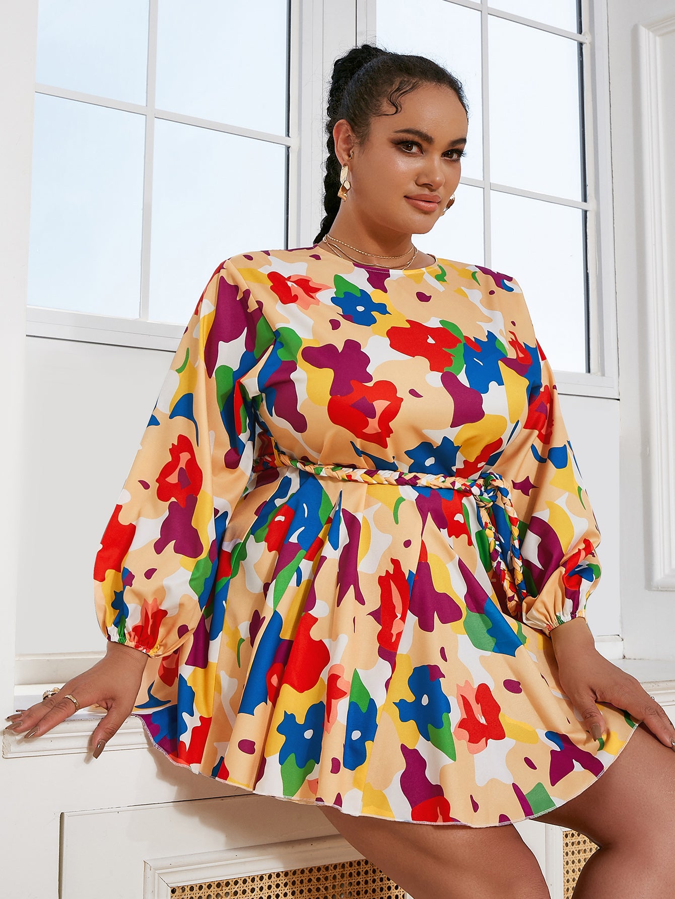 Plus Size Printed Mini Dress with Braided Belt