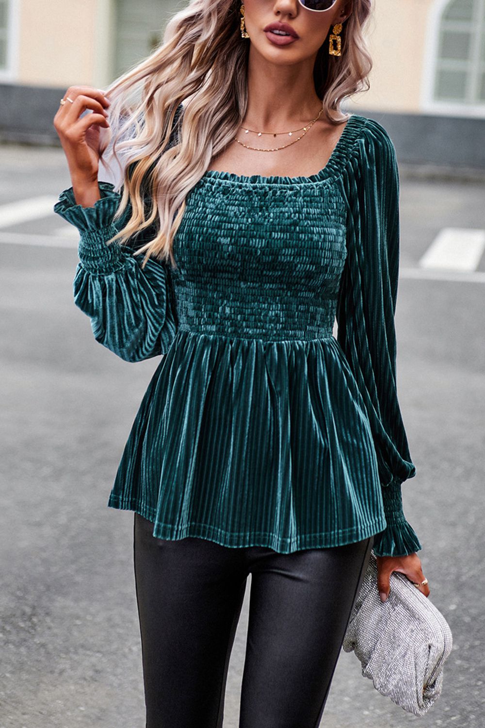 Smocked Square Neck Long Sleeve Blouse