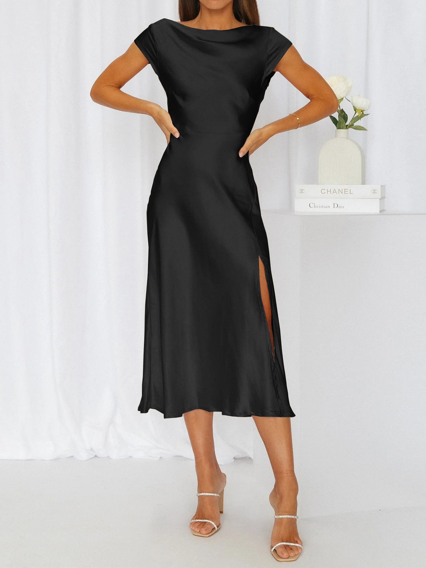 Round Neck Cap Sleeve Midi Dress