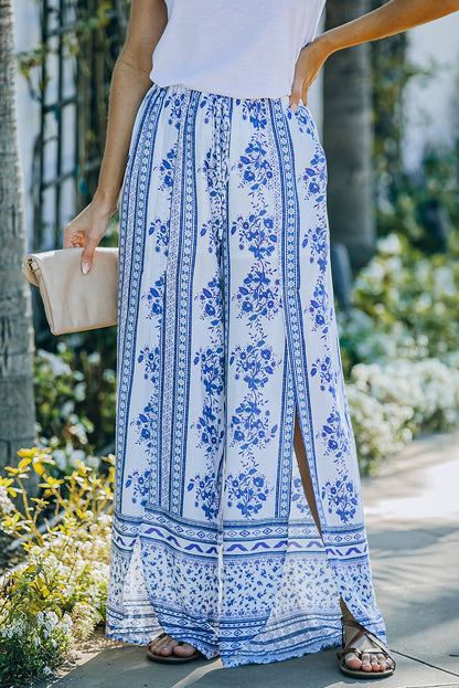 Bohemian Slit Drawstring Waist Palazzo Pants