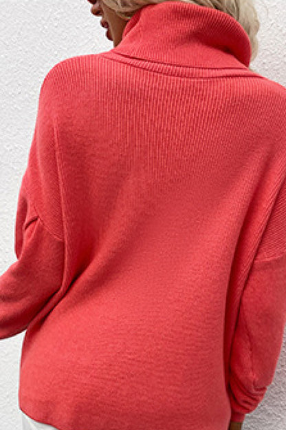 Rib-Knit Lantern Sleeve Turtleneck Sweater