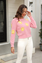 Load image into Gallery viewer, Flower Pattern Round Neck Short Sleeve Pullover Sweater
