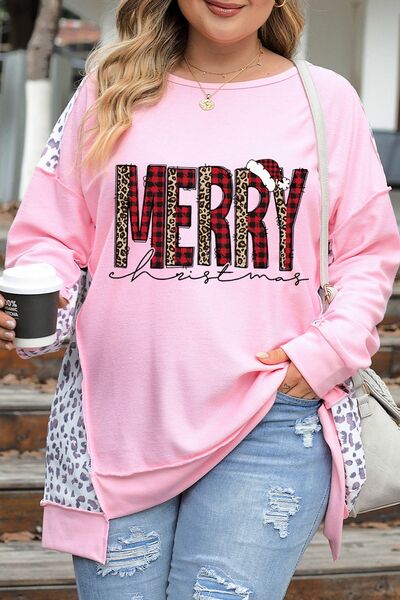 Plus Size MERRY CHRISTMAS Leopard Dropped Shoulder Sweatshirt