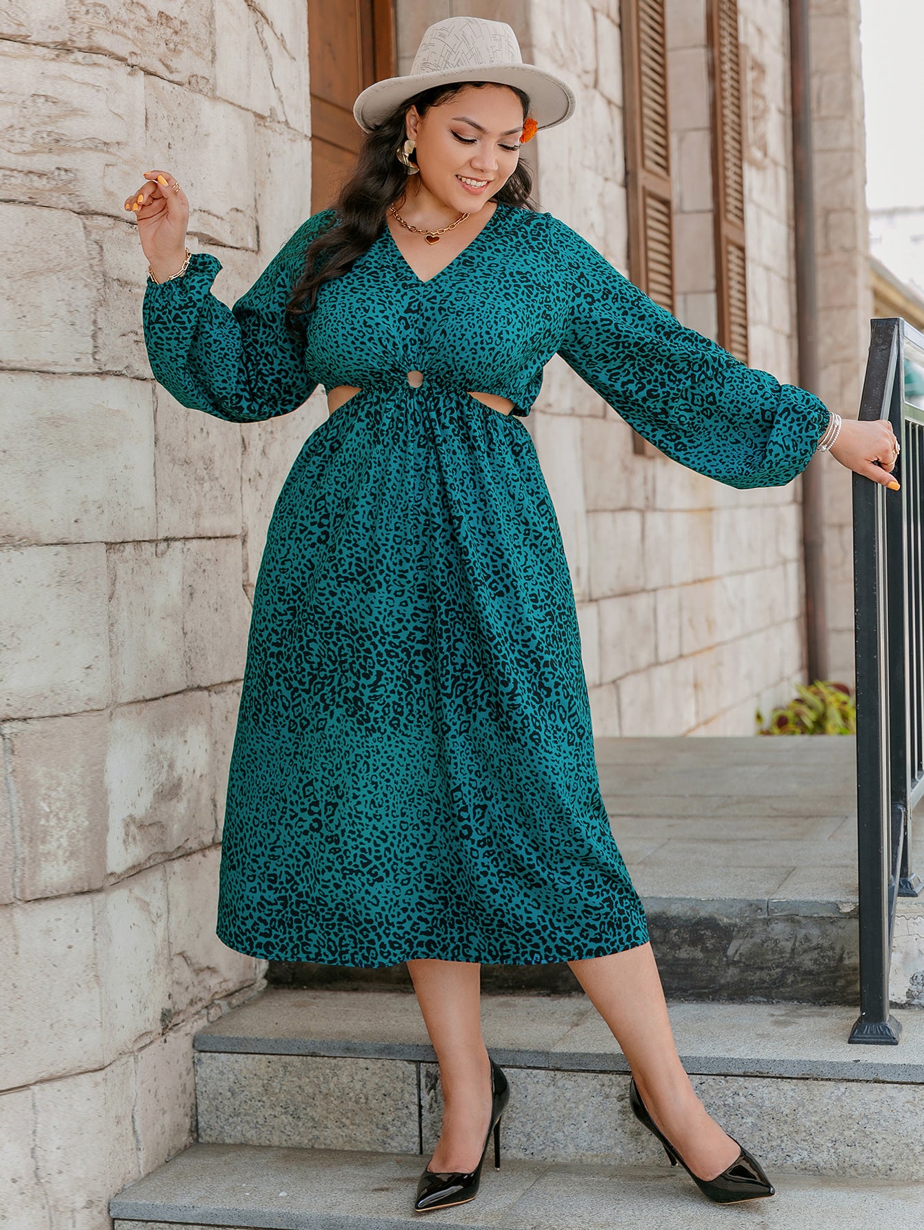 Plus Size Leopard Cutout Midi Dress