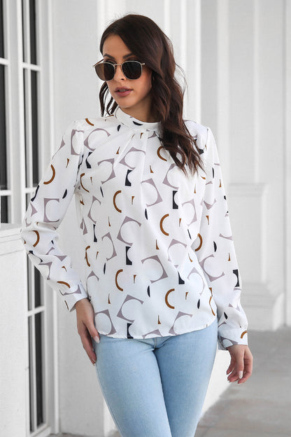 Printed Gathered Detail Mock Neck Blouse