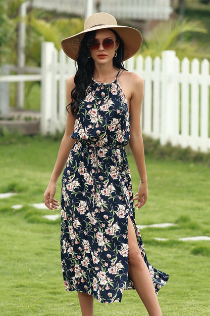 Sling Floral Elastic Waist Split Dress