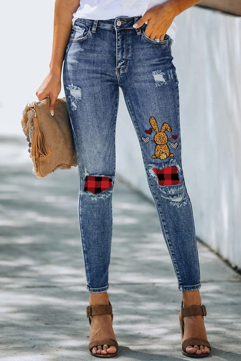 Easter Plaid Patch Bunny Graphic Jeans