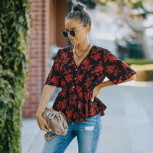 Load image into Gallery viewer, Floral V-Neck Peplum Blouse
