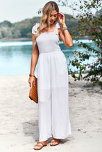 Load image into Gallery viewer, Frill Trim Tie Shoulder Wide Leg Jumpsuit with Pockets
