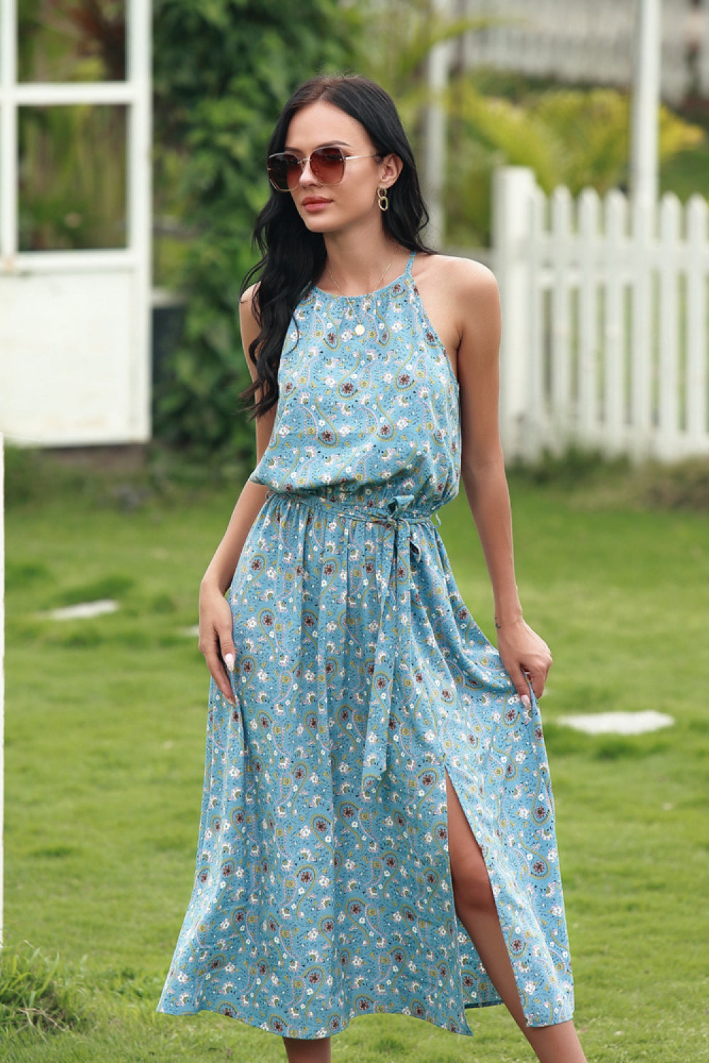 Paisley Print Halter Lace-up  Slit Dress