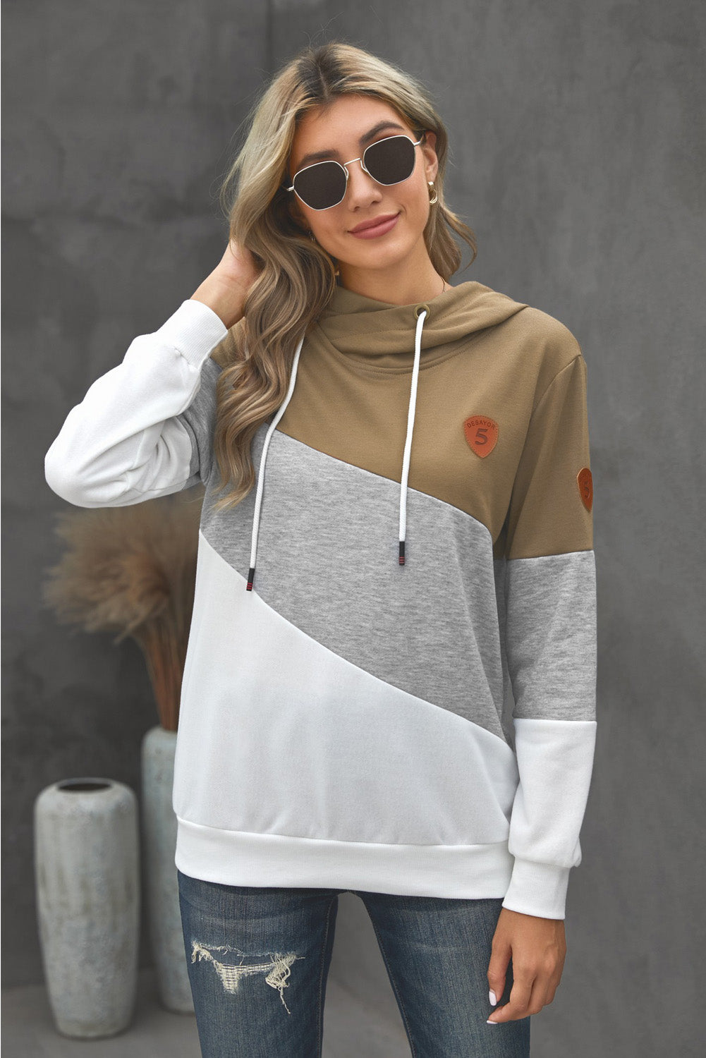 Full Size Range Color Block Cowl Neck Hoodie