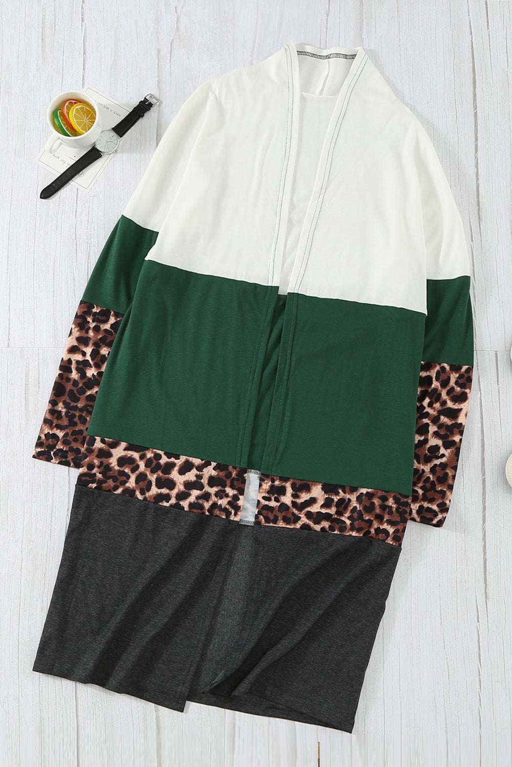 Leopard Color Block Open Front Longline Cardigan