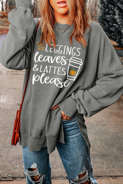 Round Neck Dropped Shoulder LEGGINGS LEAVES LATTES PLEASE Graphic Sweatshirt