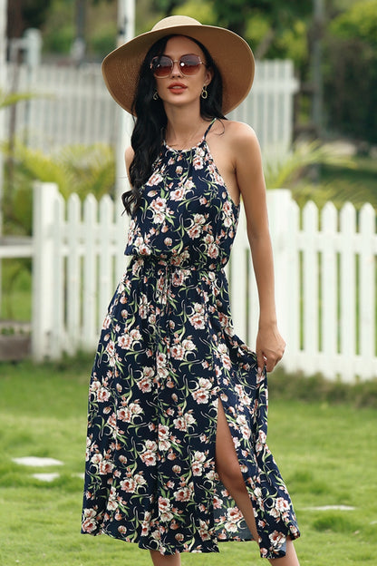 Sling Floral Elastic Waist Split Dress