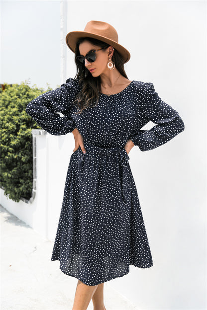 Polka Dot Lantern Sleeve Belted Dress