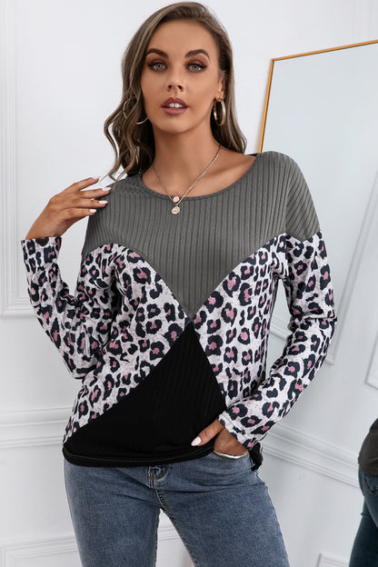 Leopard Patch Color Block Knit Top