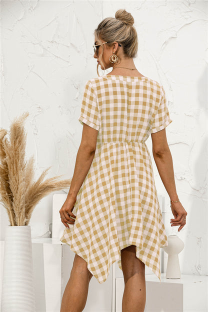 Plaid V-Neck Asymmetrical Trim Dress