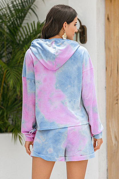 Tie-Dye Drawstring Hoodie and Shorts Set