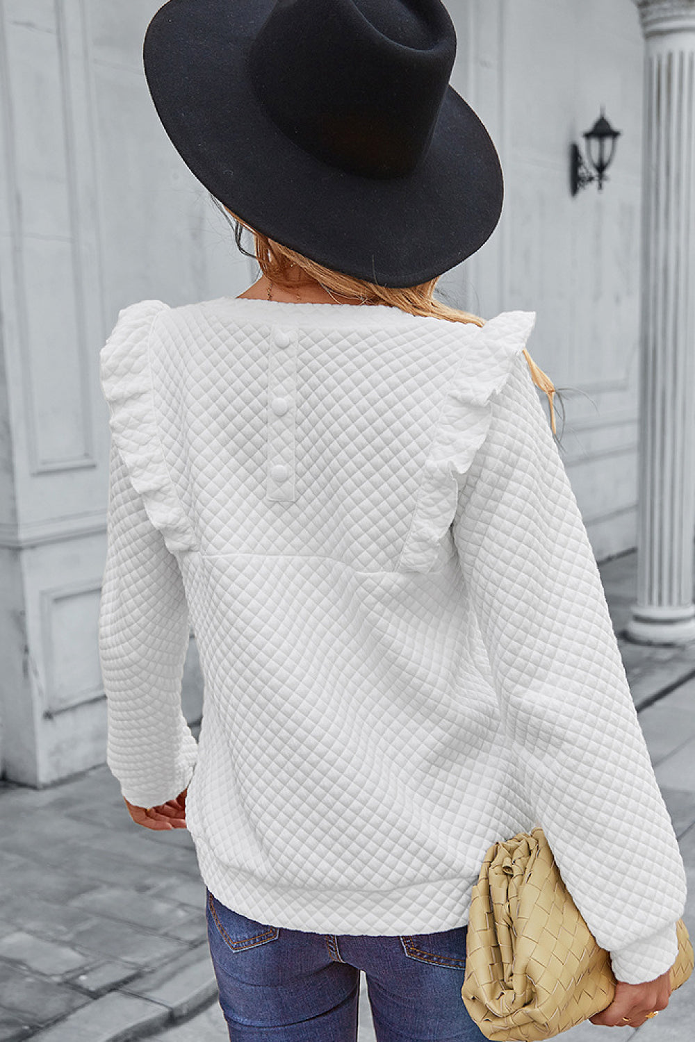 Ruffle Shoulder Waffle Pullover