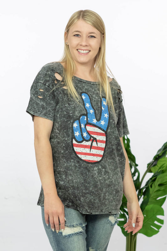 BiBi Peace, Love, USA Acid Wash Graphic Tee with Laser Cut