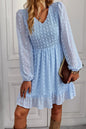 Swiss Dot Smocked V-Neck Ruffled Hem Dress