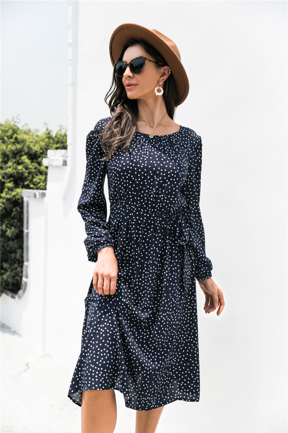 Polka Dot Lantern Sleeve Belted Dress