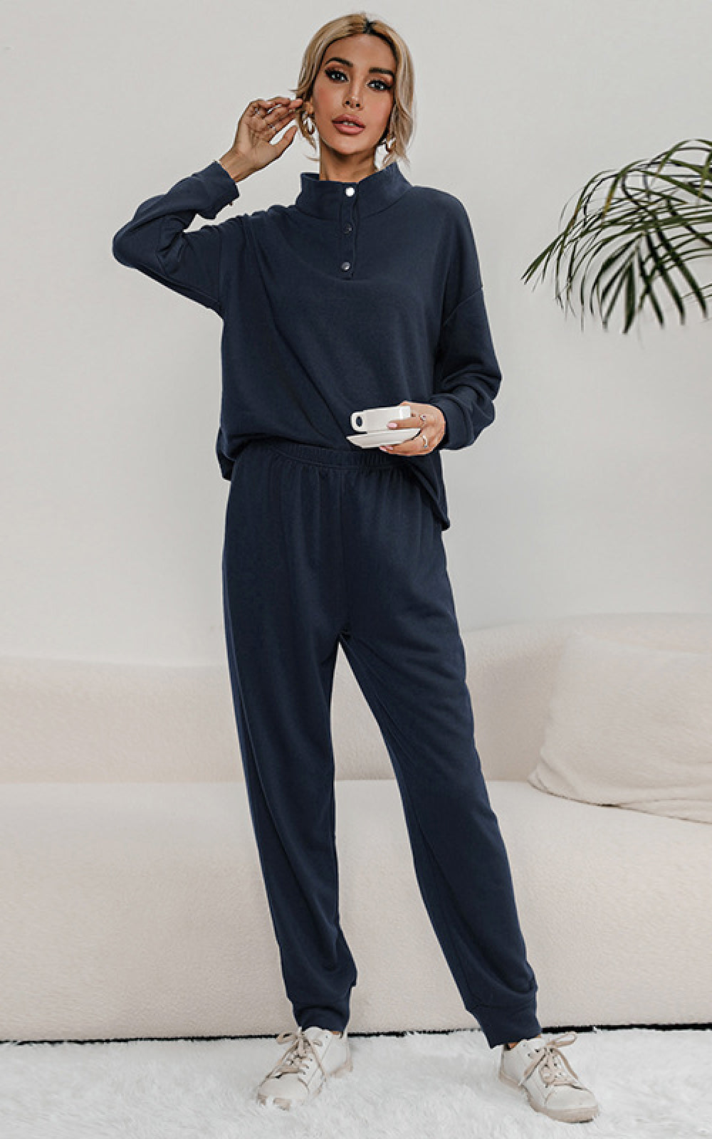 Buttoned Collar Top and Pants Lounge Set