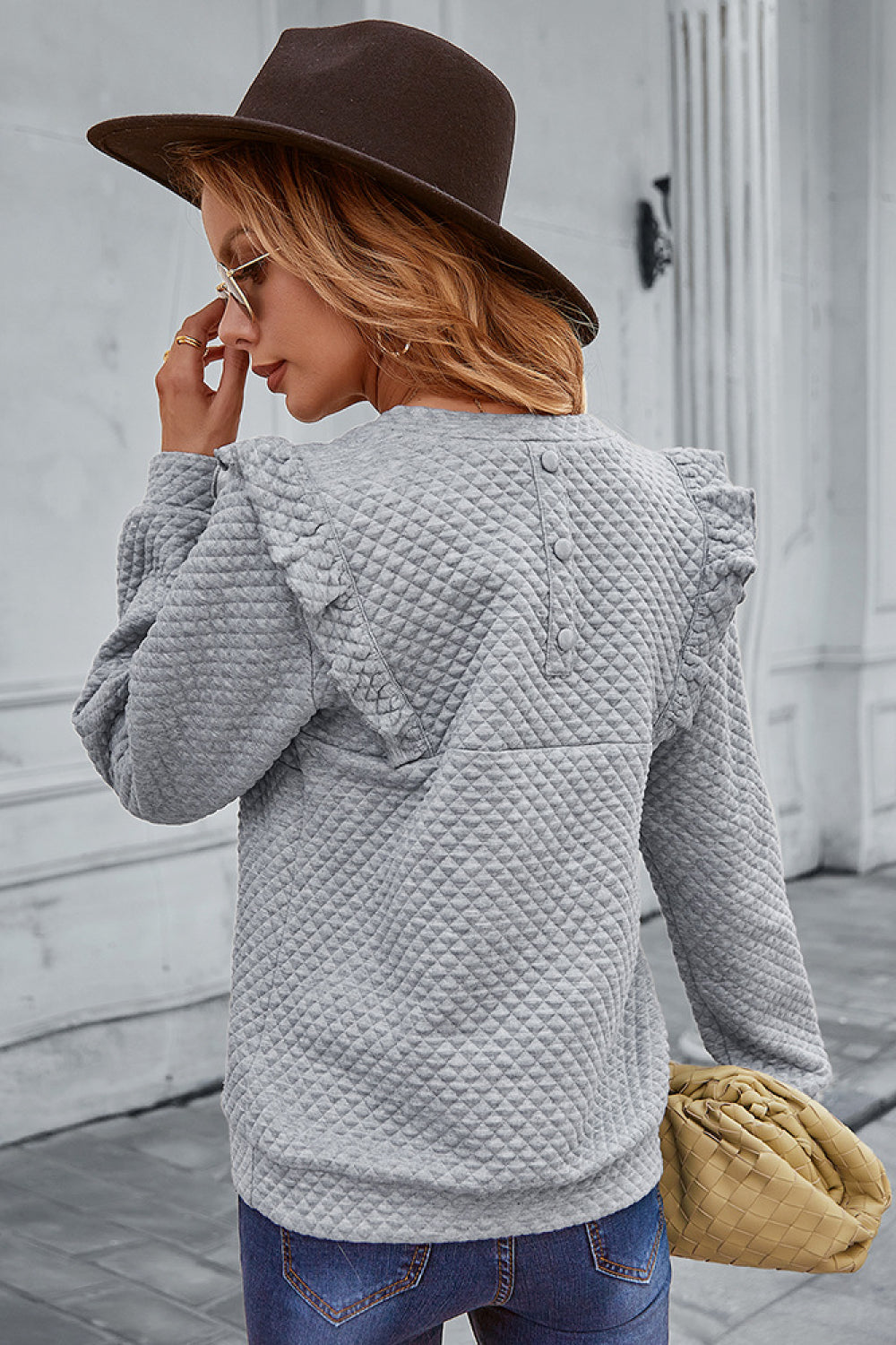 Ruffle Shoulder Waffle Pullover