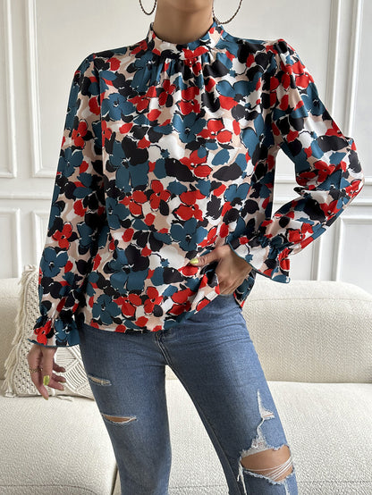 Floral Mock Neck Long Flounce Sleeve Blouse