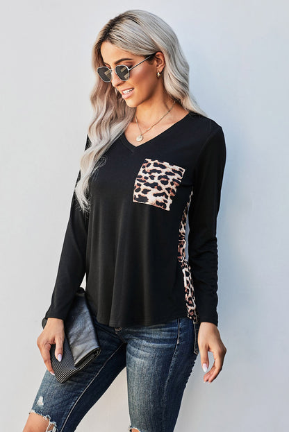 Contrast Leopard V-Neck Pocket Blouse