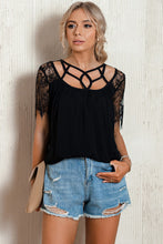 Load image into Gallery viewer, Strappy Neck Spliced Lace Eyelash Trim Blouse
